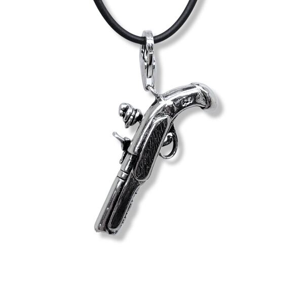 Antiqued Rhodium Plated 925 Sterling Silver Old Timey Pirate Gun Charm - Picture 4 of 7